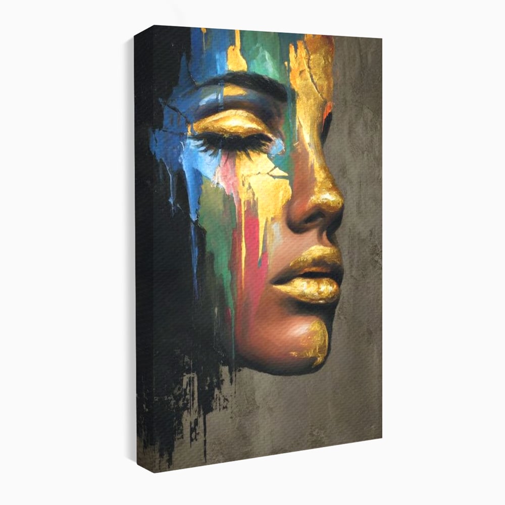 Tablou canvas cu tablou canvas cu chip de femeie profil si foita de aur, fara rama, pe sasiu de lemn